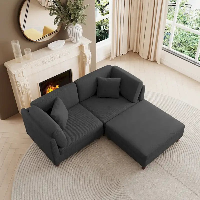 Canapé d'angle convertible en velours côtelé avec pouf