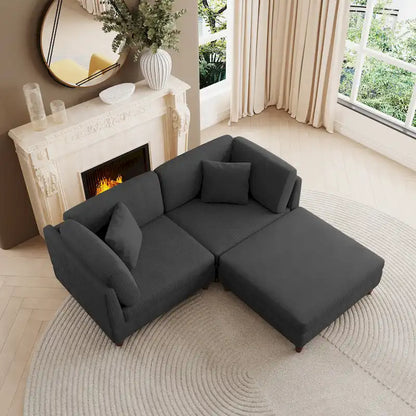 Canapé d'angle convertible en velours côtelé avec pouf