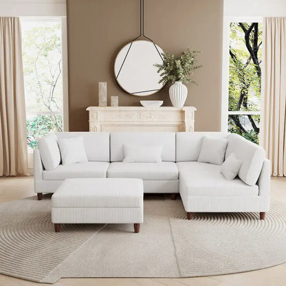 Canapé d'angle convertible en velours côtelé avec pouf