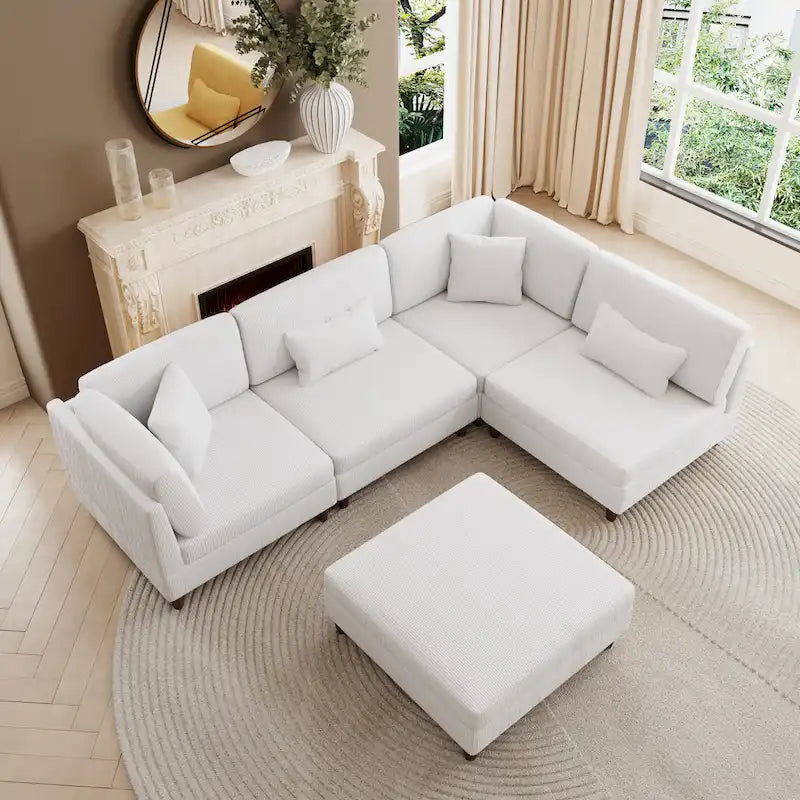 Canapé d'angle convertible en velours côtelé avec pouf