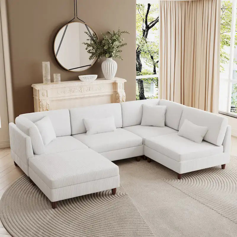 Canapé d'angle convertible en velours côtelé avec pouf