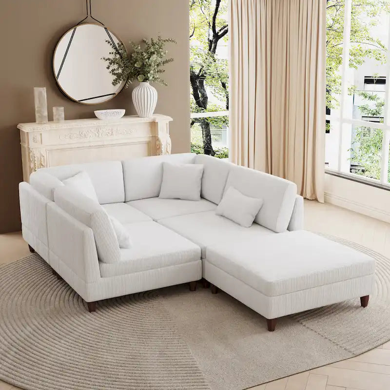 Canapé d'angle convertible en velours côtelé avec pouf