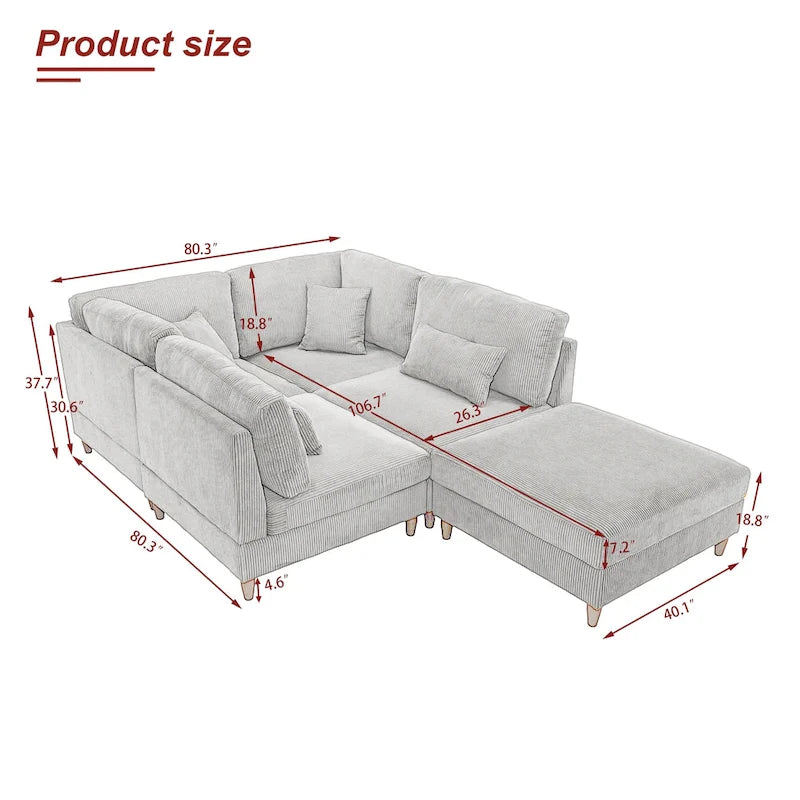 Canapé d'angle convertible en velours côtelé avec pouf