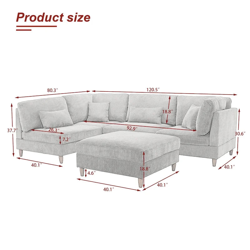 Canapé d'angle convertible en velours côtelé avec pouf