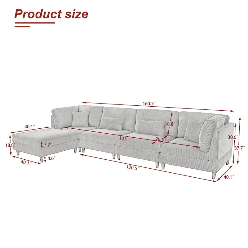 Canapé d'angle convertible en velours côtelé avec pouf