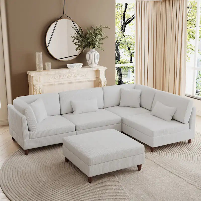 Canapé d'angle convertible en velours côtelé avec pouf