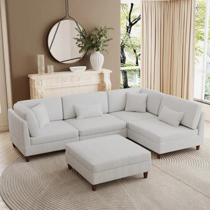 Canapé d'angle convertible en velours côtelé avec pouf