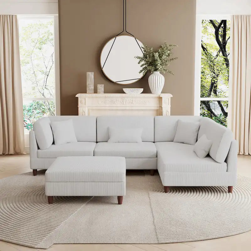 Canapé d'angle convertible en velours côtelé avec pouf