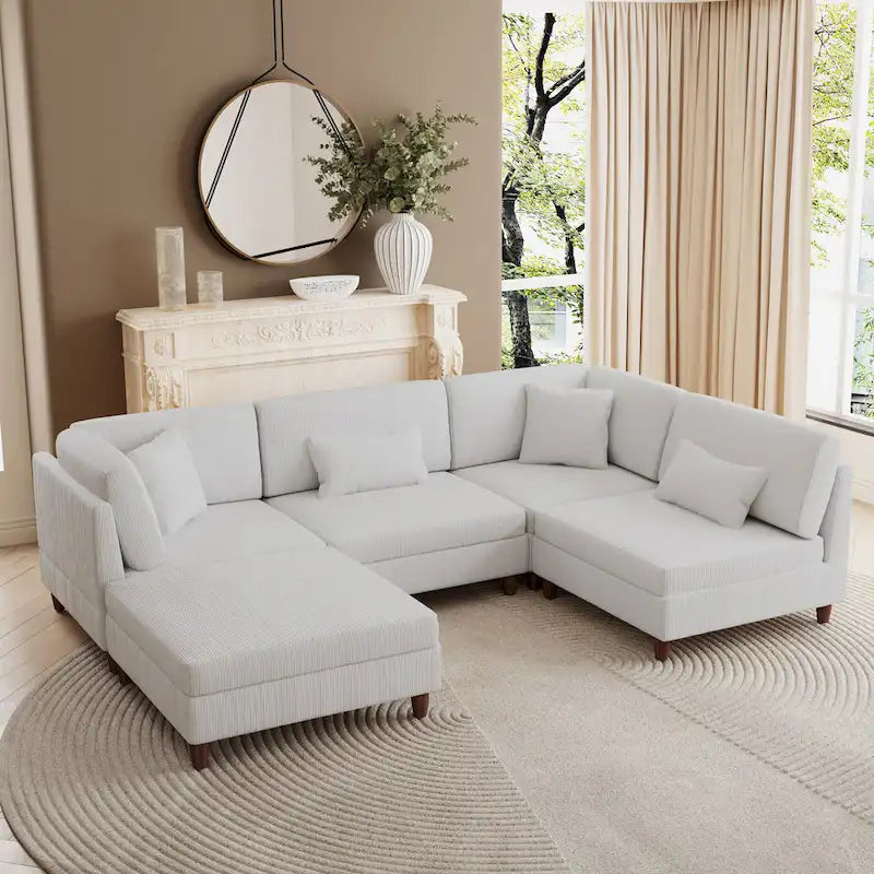 Canapé d'angle convertible en velours côtelé avec pouf