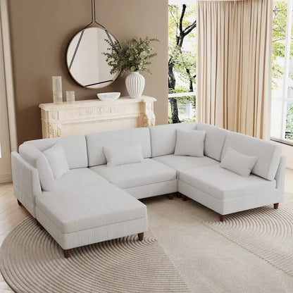 Canapé d'angle convertible en velours côtelé avec pouf