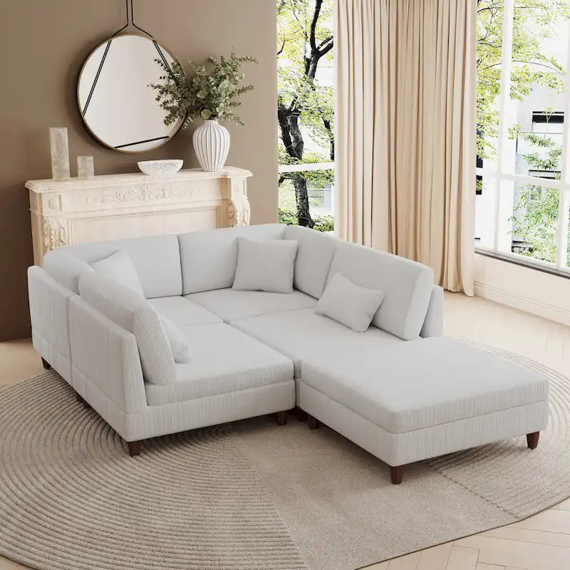 Canapé d'angle convertible en velours côtelé avec pouf