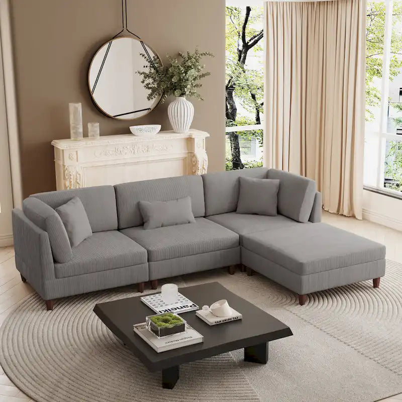 Canapé d'angle convertible en velours côtelé avec pouf