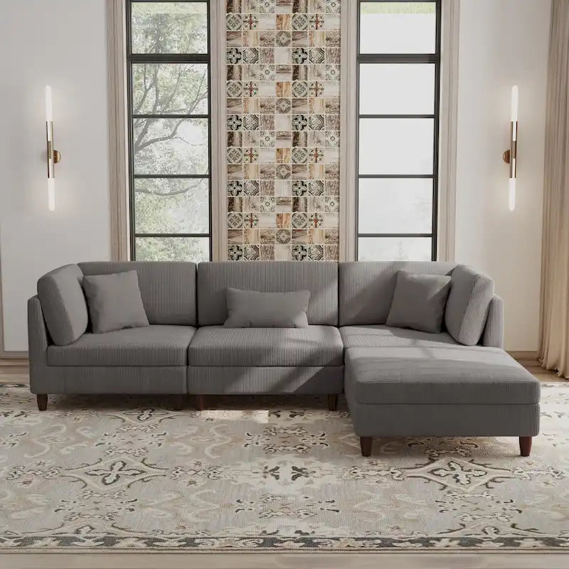 Canapé d'angle convertible en velours côtelé avec pouf