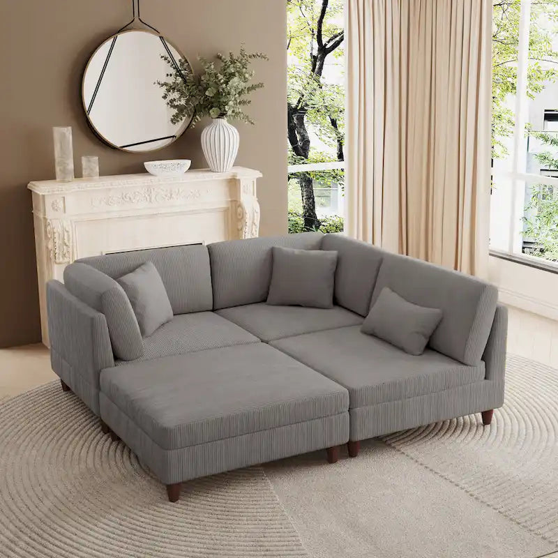 Canapé d'angle convertible en velours côtelé avec pouf
