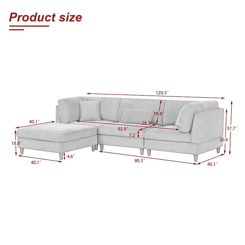 Canapé d'angle convertible en velours côtelé avec pouf