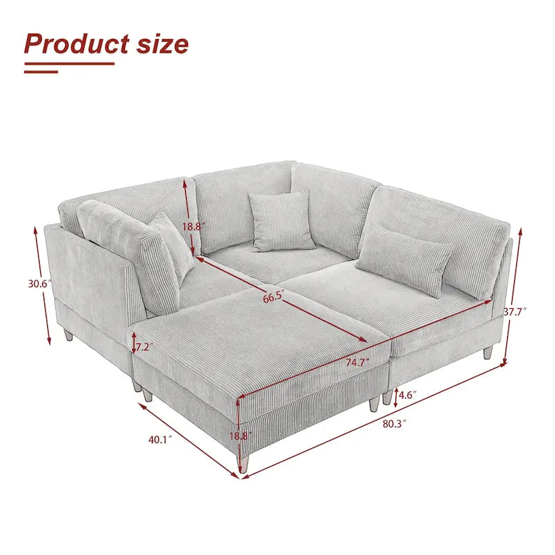 Canapé d'angle convertible en velours côtelé avec pouf