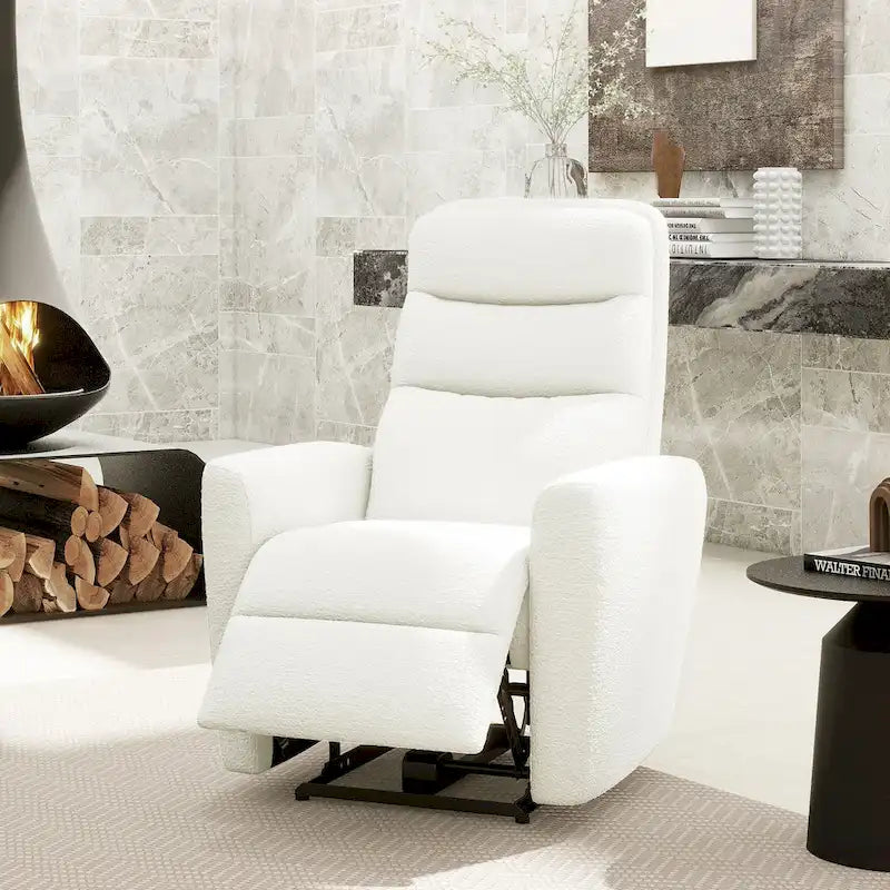 Fauteuil inclinable électrique Bloomy 35.5 à dossier haut, recouvert de tissu bouclé
