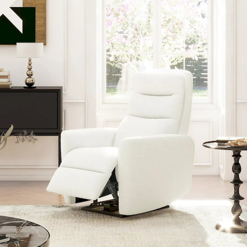 Fauteuil inclinable électrique Bloomy 35.5 à dossier haut, recouvert de tissu bouclé