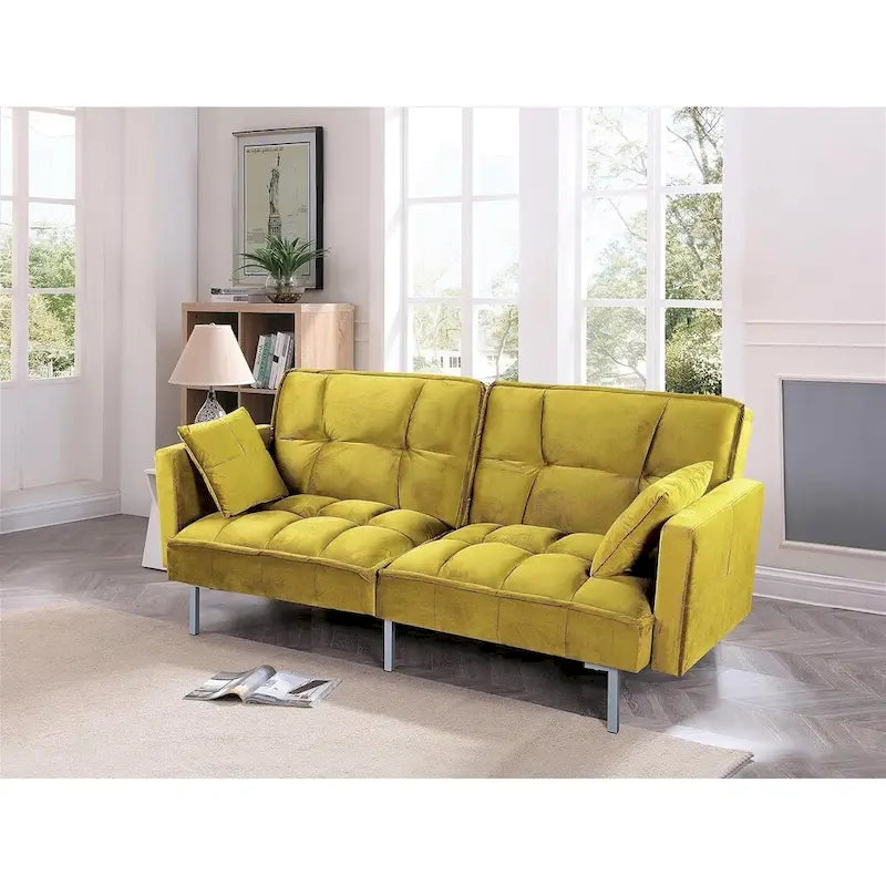 Canapé-lit convertible Regal en velours avec capitonnage de style milieu du siècle et pieds en métal