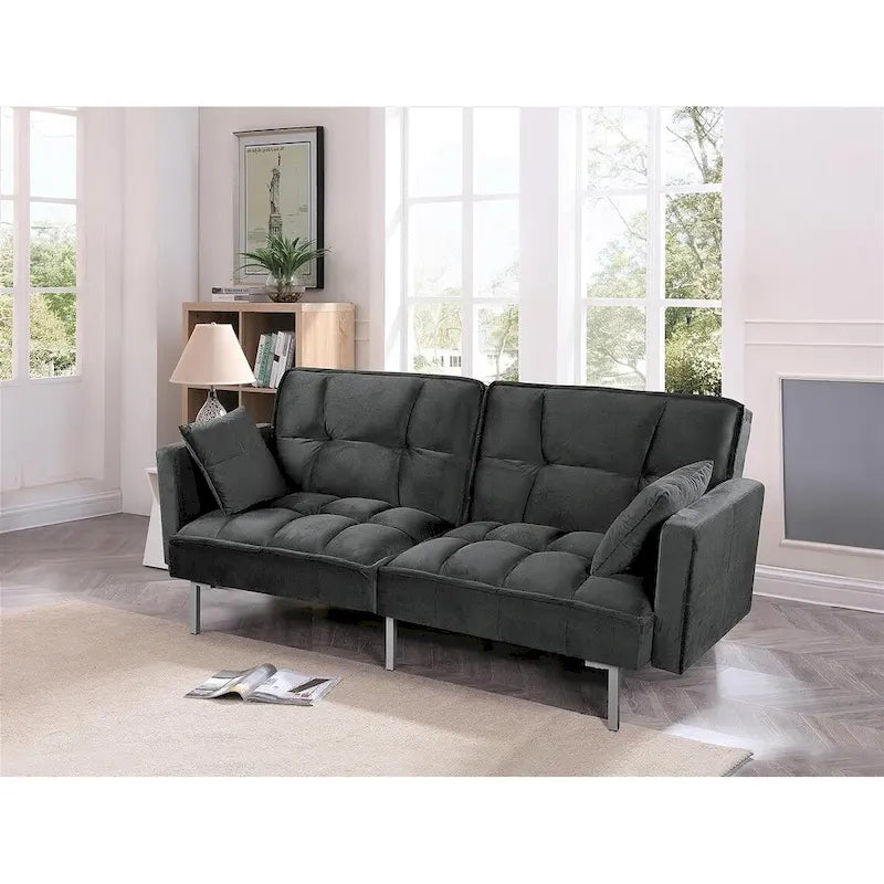 Canapé-lit convertible Regal en velours avec capitonnage de style milieu du siècle et pieds en métal