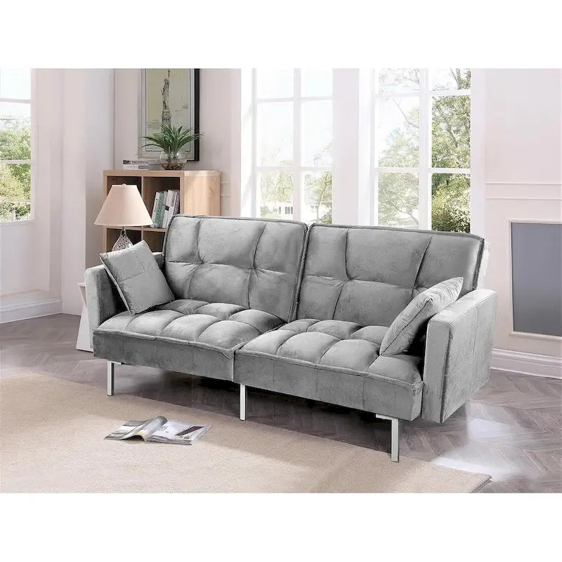 Canapé-lit convertible Regal en velours avec capitonnage de style milieu du siècle et pieds en métal
