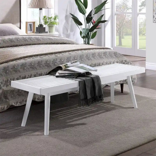 White Solid Wood Slatted Bench