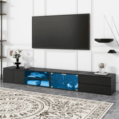 Meuble TV LED pour téléviseurs jusqu'à 105 pouces, console multimédia avec portes en verre trempé, centre de divertissement avec 2 tiroirs et placards