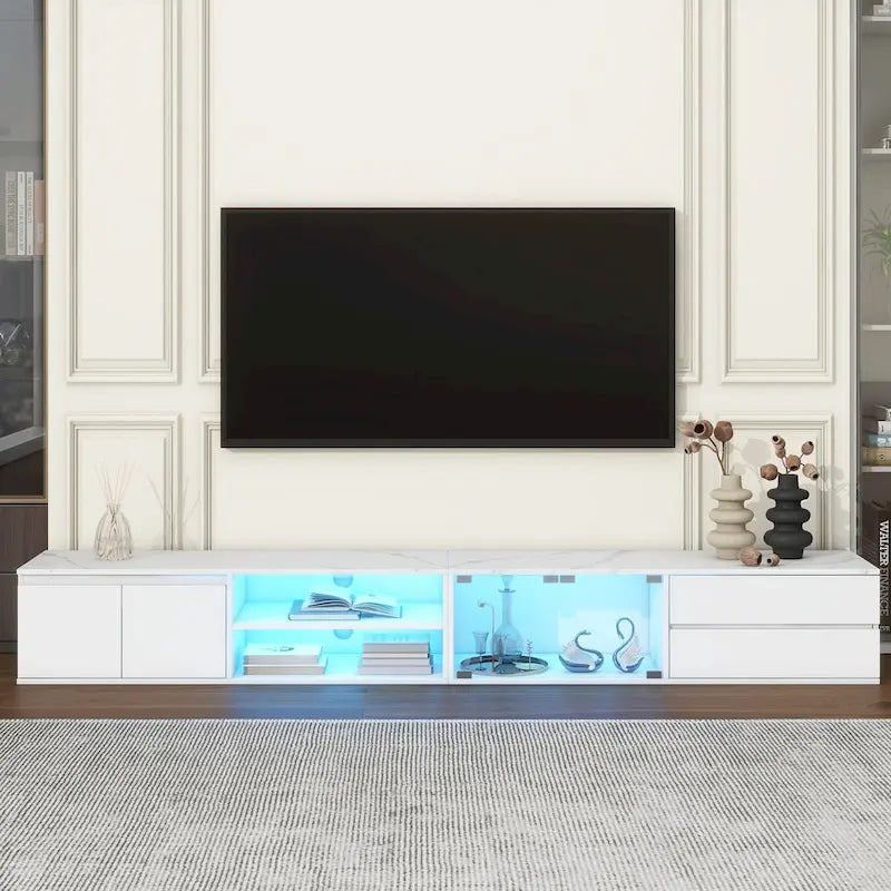 Meuble TV LED pour téléviseurs jusqu'à 105 pouces, console multimédia avec portes en verre trempé, centre de divertissement avec 2 tiroirs et placards