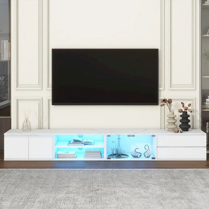 Meuble TV LED pour téléviseurs jusqu'à 105 pouces, console multimédia avec portes en verre trempé, centre de divertissement avec 2 tiroirs et placards