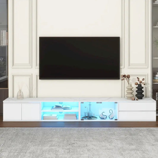 Meuble TV LED pour téléviseurs jusqu'à 105 pouces, console multimédia avec portes en verre trempé, centre de divertissement avec 2 tiroirs et placards
