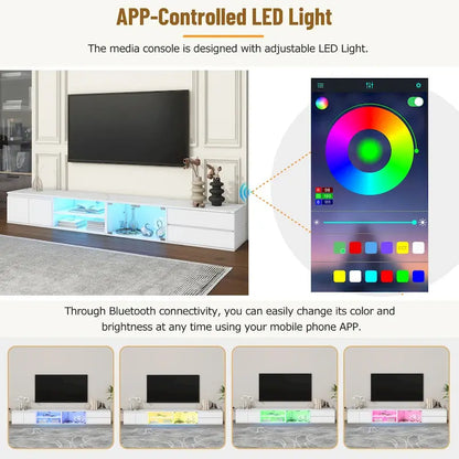 Meuble TV LED pour téléviseurs jusqu'à 105 pouces, console multimédia avec portes en verre trempé, centre de divertissement avec 2 tiroirs et placards