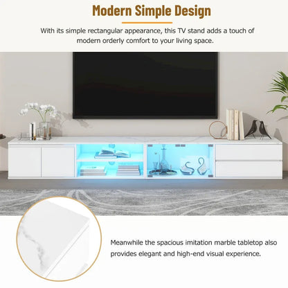 Meuble TV LED pour téléviseurs jusqu'à 105 pouces, console multimédia avec portes en verre trempé, centre de divertissement avec 2 tiroirs et placards