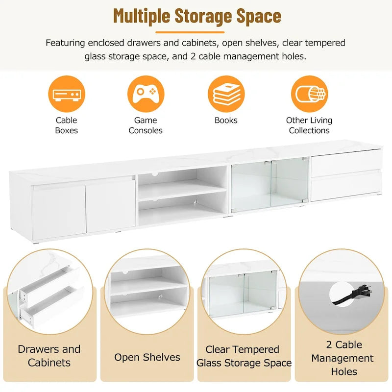Meuble TV LED pour téléviseurs jusqu'à 105 pouces, console multimédia avec portes en verre trempé, centre de divertissement avec 2 tiroirs et placards