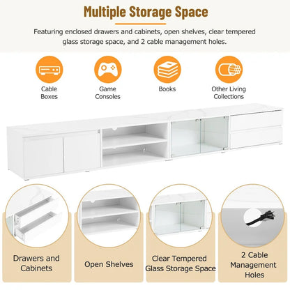 Meuble TV LED pour téléviseurs jusqu'à 105 pouces, console multimédia avec portes en verre trempé, centre de divertissement avec 2 tiroirs et placards