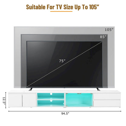 Meuble TV LED pour téléviseurs jusqu'à 105 pouces, console multimédia avec portes en verre trempé, centre de divertissement avec 2 tiroirs et placards