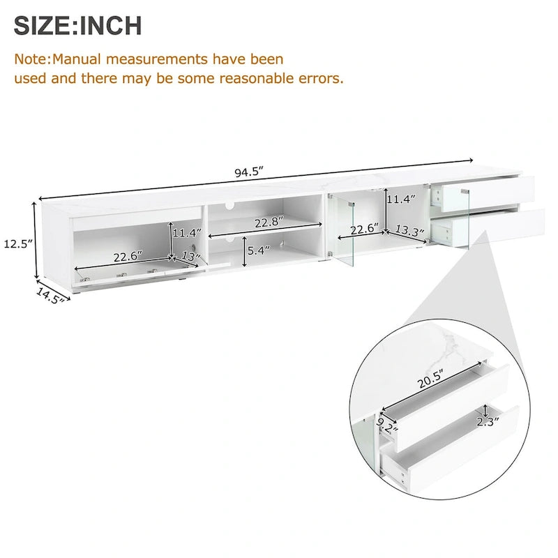 Meuble TV LED pour téléviseurs jusqu'à 105 pouces, console multimédia avec portes en verre trempé, centre de divertissement avec 2 tiroirs et placards