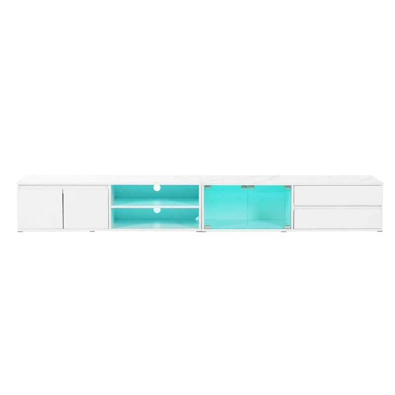 Meuble TV LED pour téléviseurs jusqu'à 105 pouces, console multimédia avec portes en verre trempé, centre de divertissement avec 2 tiroirs et placards
