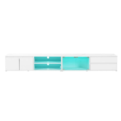 Meuble TV LED pour téléviseurs jusqu'à 105 pouces, console multimédia avec portes en verre trempé, centre de divertissement avec 2 tiroirs et placards