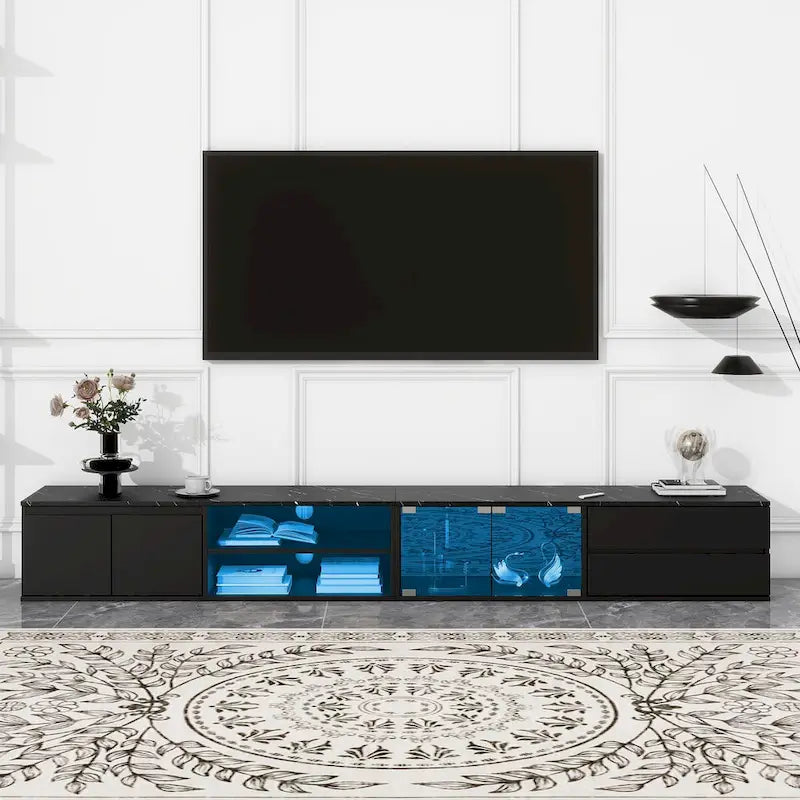 Meuble TV LED pour téléviseurs jusqu'à 105 pouces, console multimédia avec portes en verre trempé, centre de divertissement avec 2 tiroirs et placards