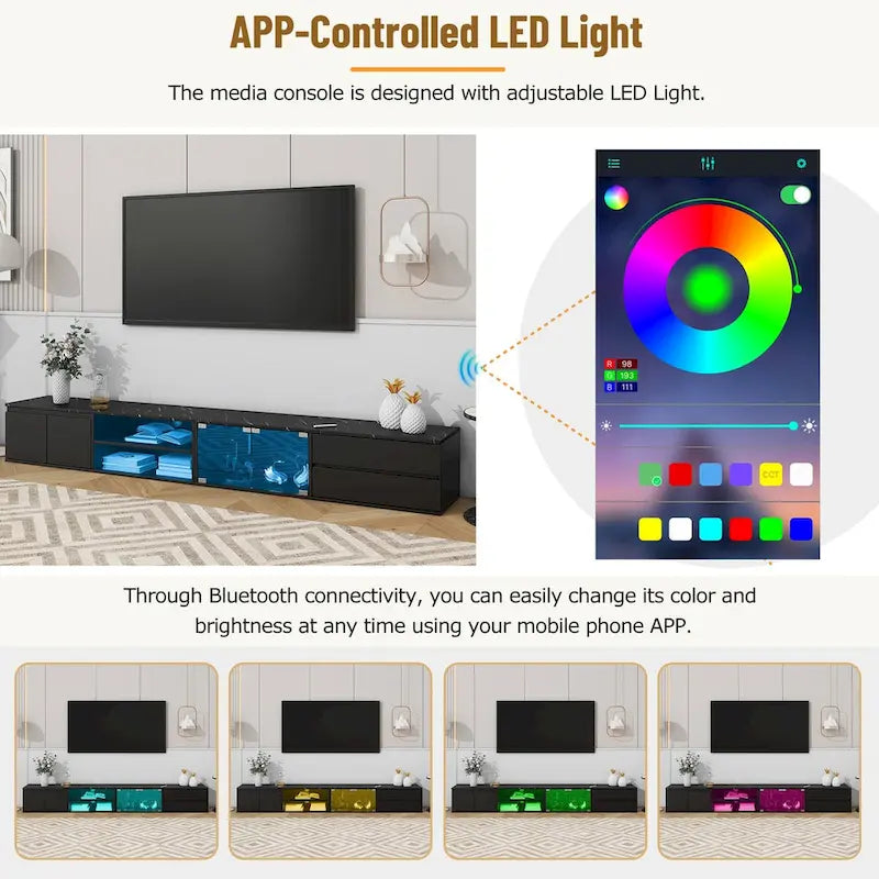 Meuble TV LED pour téléviseurs jusqu'à 105 pouces, console multimédia avec portes en verre trempé, centre de divertissement avec 2 tiroirs et placards
