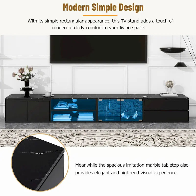 Meuble TV LED pour téléviseurs jusqu'à 105 pouces, console multimédia avec portes en verre trempé, centre de divertissement avec 2 tiroirs et placards