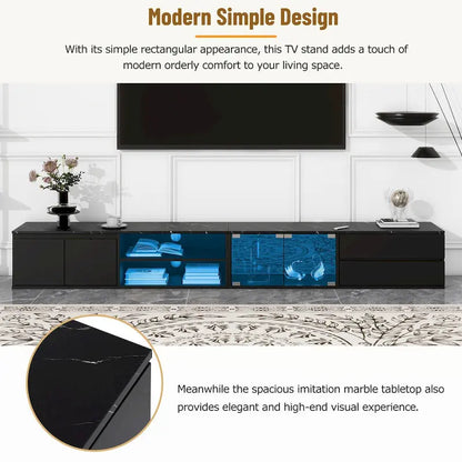 Meuble TV LED pour téléviseurs jusqu'à 105 pouces, console multimédia avec portes en verre trempé, centre de divertissement avec 2 tiroirs et placards