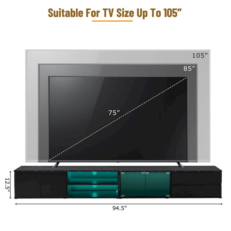 Meuble TV LED pour téléviseurs jusqu'à 105 pouces, console multimédia avec portes en verre trempé, centre de divertissement avec 2 tiroirs et placards