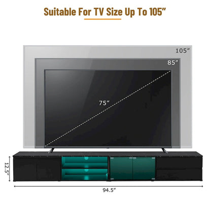 Meuble TV LED pour téléviseurs jusqu'à 105 pouces, console multimédia avec portes en verre trempé, centre de divertissement avec 2 tiroirs et placards