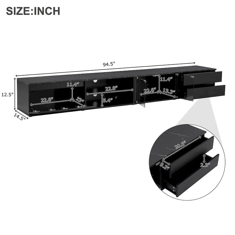 Meuble TV LED pour téléviseurs jusqu'à 105 pouces, console multimédia avec portes en verre trempé, centre de divertissement avec 2 tiroirs et placards
