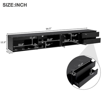 Meuble TV LED pour téléviseurs jusqu'à 105 pouces, console multimédia avec portes en verre trempé, centre de divertissement avec 2 tiroirs et placards