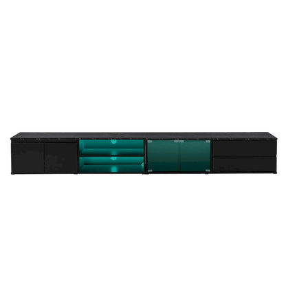 Meuble TV LED pour téléviseurs jusqu'à 105 pouces, console multimédia avec portes en verre trempé, centre de divertissement avec 2 tiroirs et placards