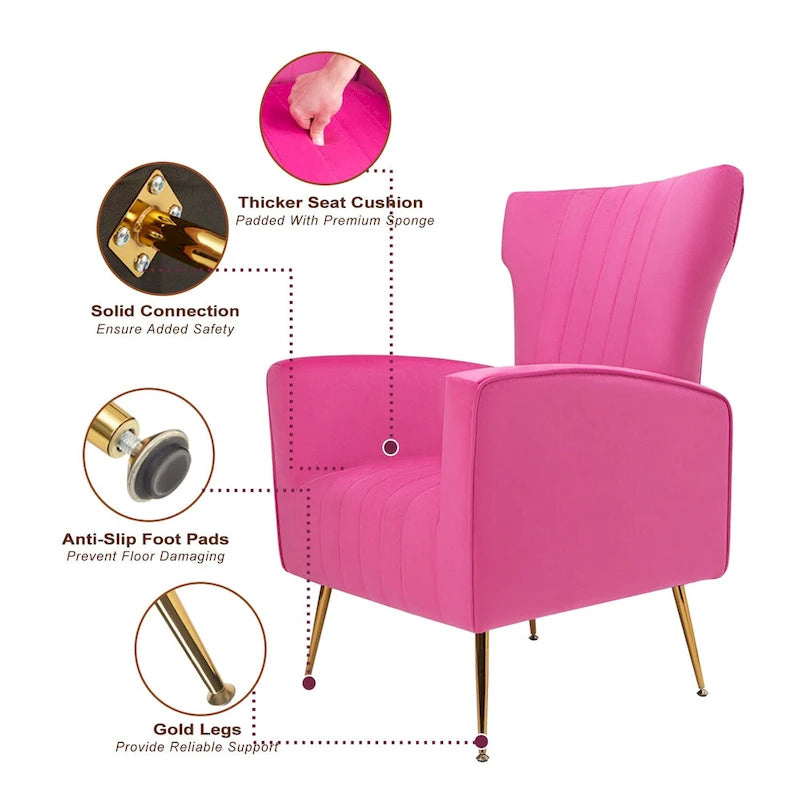Fauteuil d'appoint en velours, fauteuil à oreilles avec pieds dorés, canapé une place rembourré pour salon ou chambre
