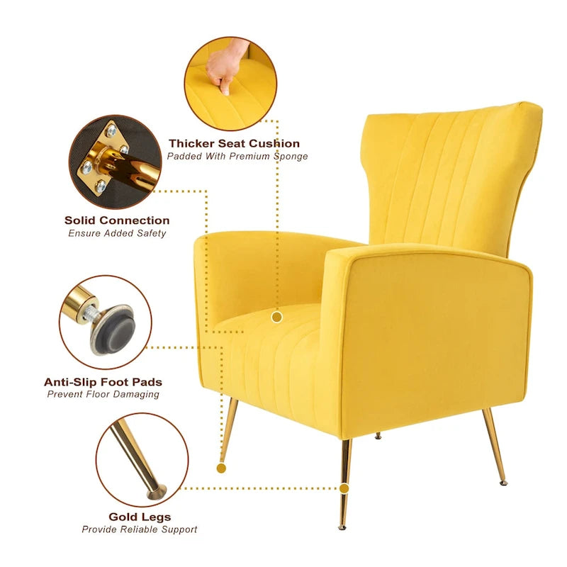 Fauteuil d'appoint en velours, fauteuil à oreilles avec pieds dorés, canapé une place rembourré pour salon ou chambre