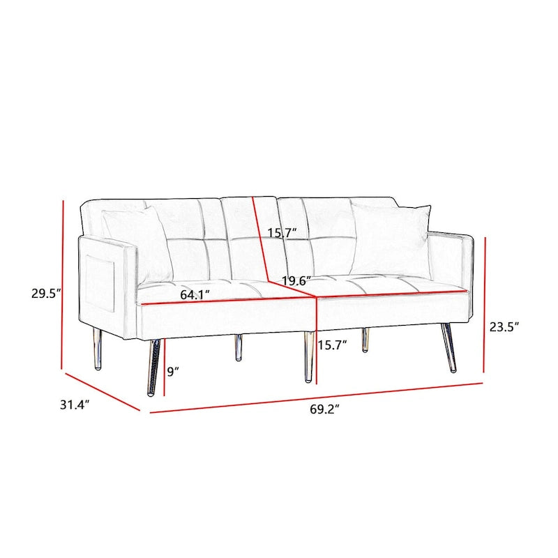 Canapé-lit futon en velours avec pieds en métal doré pour salon, entrée, couloir, bureau
